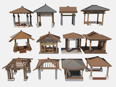 Traditional Chinese Wooden Pavilions Featuring Different Roof Styles And Structures Designs 3d model