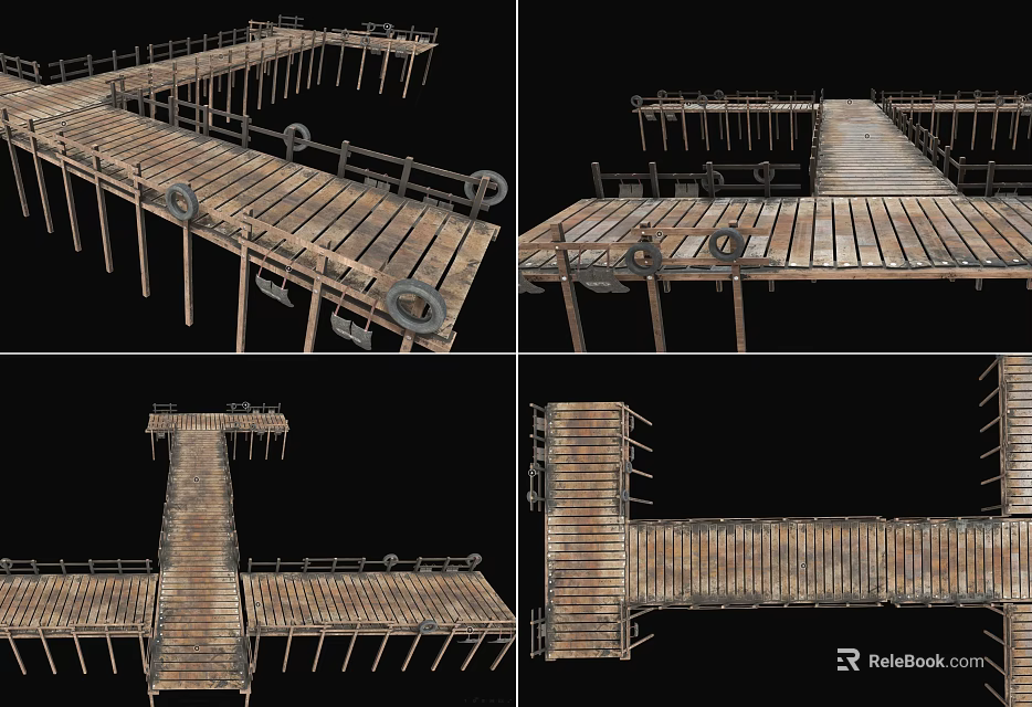 Wooden Dock Structure With Multiple Angles Tire Details And Support Posts 3d model