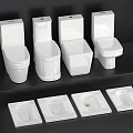 White Ceramic Toilets And Squat Pans Display On Black Bathroom Product Shelf