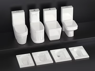 White Ceramic Toilets And Squat Pans Display On Black Bathroom Product Shelf 3d model