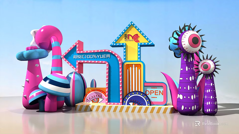Vibrant Wayfinding Signage With Colorful Arrows Open Sign And Artistic Elements 3d model 