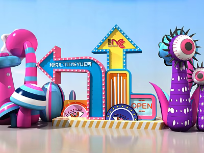 Vibrant Wayfinding Signage With Colorful Arrows Open Sign And Artistic Elements 3d model