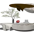 Modern Round Marble Coffee Table With Unique Design Green Plant Red Decor And White Ornament