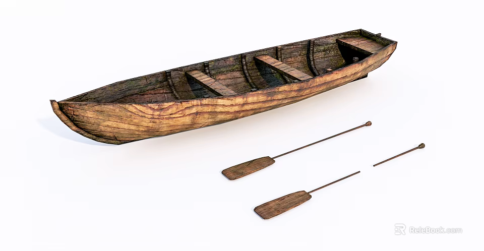 Vintage Handmade Wooden Boat With Natural Wood Grain And Wooden Oars 3d model 