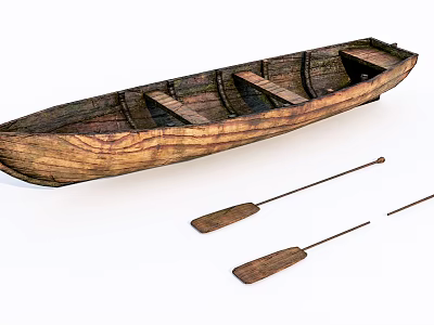 Vintage Handmade Wooden Boat With Natural Wood Grain And Wooden Oars 3d model