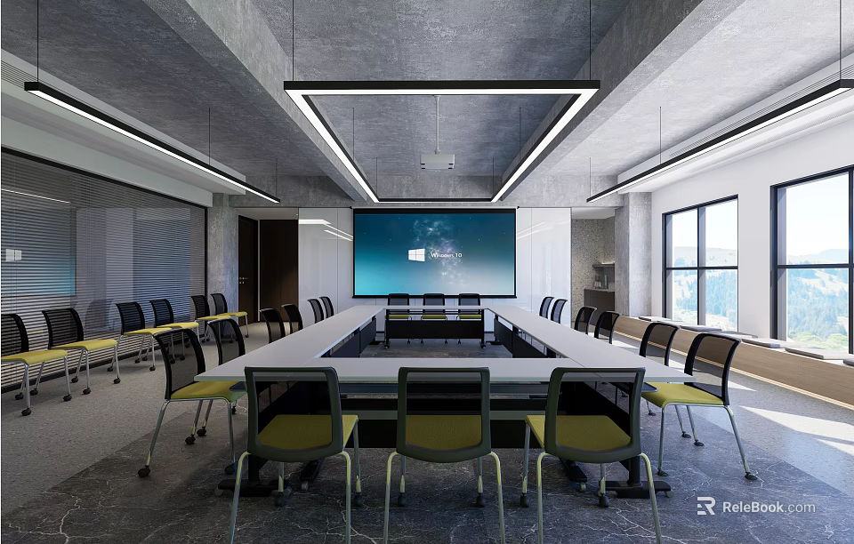 Modern Conference Room Interior With Long Table Chairs Large Screen Display Ceiling Lighting And Windows 3d model 