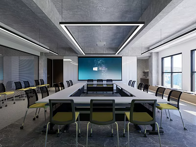Modern Conference Room Interior With Long Table Chairs Large Screen Display Ceiling Lighting And Windows 3d model