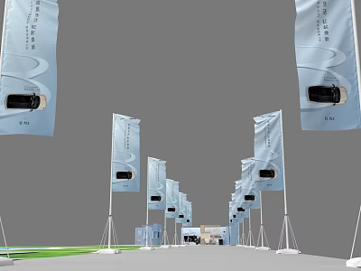 Wayfinding Signage With Blue Banners White Text Black Graphics Arranged As Pathway To Building Entrance 3d model