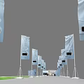 Wayfinding Signage With Blue Banners White Text Black Graphics Arranged As Pathway To Building Entrance