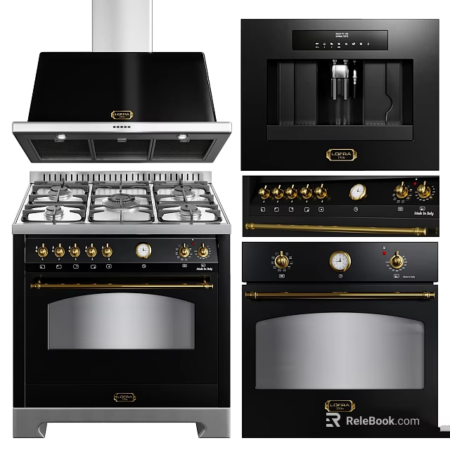 Modern Black And Gold Kitchen Appliances With Stove Range Hood And Oven 3d model 