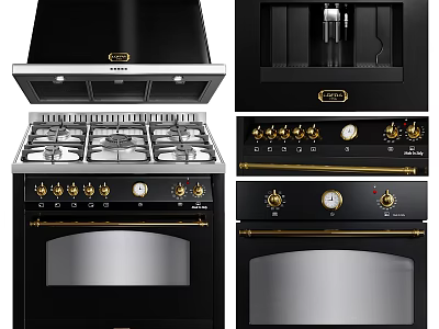 Modern Black And Gold Kitchen Appliances With Stove Range Hood And Oven 3d model