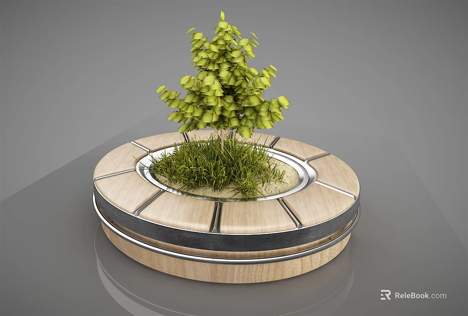 Circular Wooden Tree Planter With Metal Frame Small Tree And Green Grass 3d model 