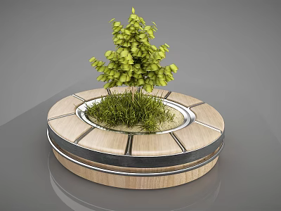 Circular Wooden Tree Planter With Metal Frame Small Tree And Green Grass 3d model