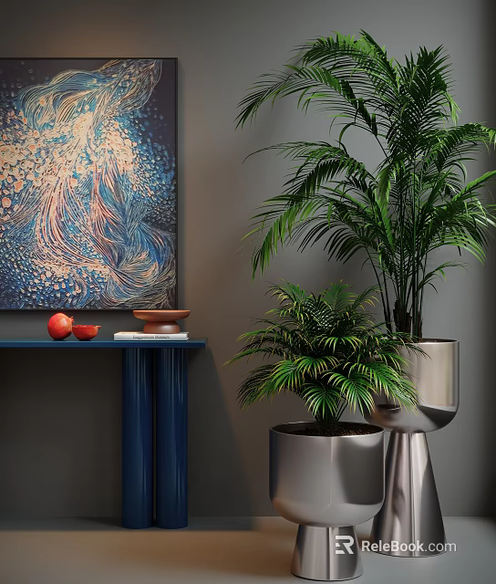 Green Potted Plants In Silver Planters For Indoor Decor With Blue Table And Art 3d model 