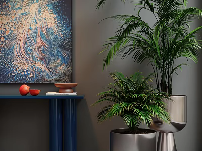Green Potted Plants In Silver Planters For Indoor Decor With Blue Table And Art 3d model