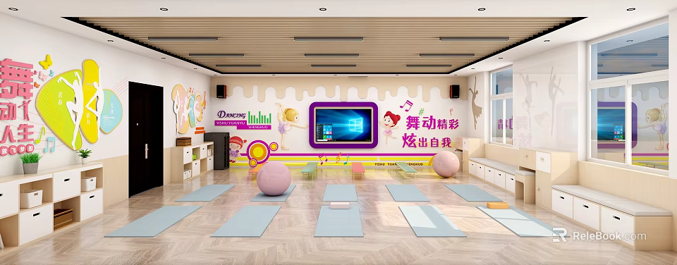 Kids Fitness Dance Studio With Yoga Mats Exercise Balls And Screen Decorations 3d model 