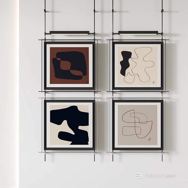 Four Abstract Paintings Displayed On Metal Frame Wall 3d model