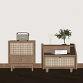Natural Wooden Bedside Tables With Rattan Design Vintage Radio Plant And Books