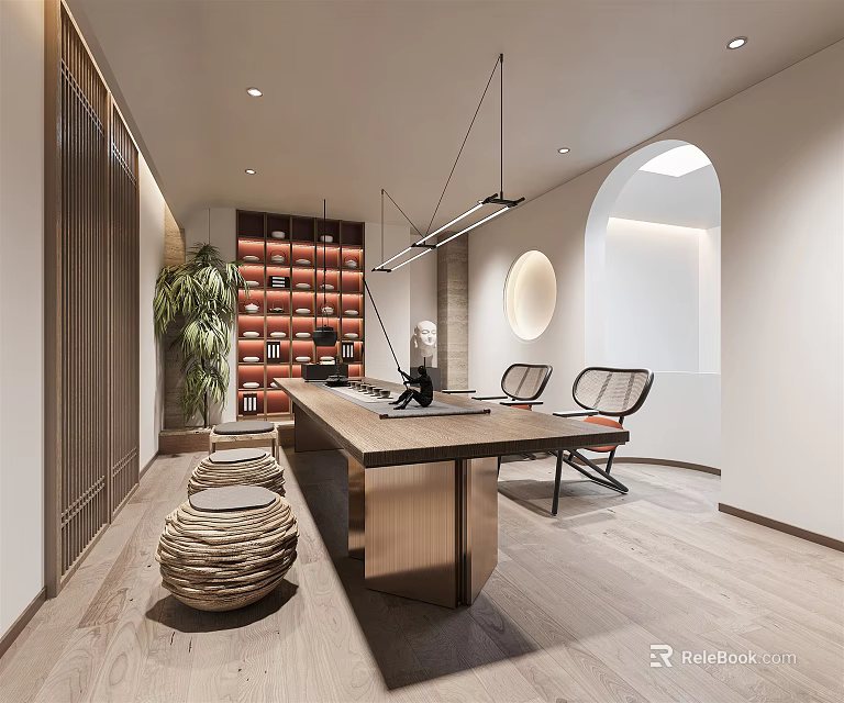 Modern Tea Room Interior Design With Open Layout Wooden Table And Green Plants 3d model 