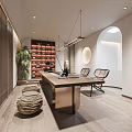 Modern Tea Room Interior Design With Open Layout Wooden Table And Green Plants