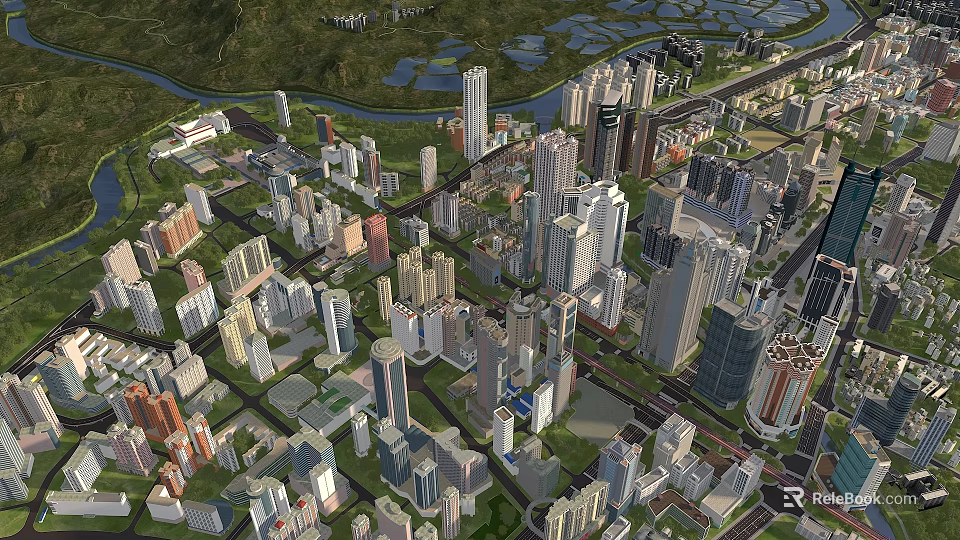 Aerial View Urban Planning With High Rise Buildings Roads River And Green Spaces 3d model 