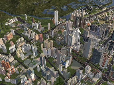 Aerial View Urban Planning With High Rise Buildings Roads River And Green Spaces 3d model