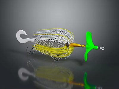 Animal Inspired Fishing Lure With White Hook Yellow Silver Wires Green Tail And Yellow Connector 3d model