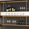 Modern Wine Cabinet Interior With Shelves Wine Bottles Glasses Lighting And GOODCUP Sign
