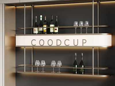 Modern Wine Cabinet Interior With Shelves Wine Bottles Glasses Lighting And GOODCUP Sign 3d model