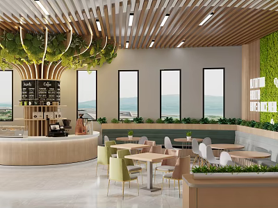 Cozy Cafe Interior Design With Wooden Ceiling Green Plants Large Windows And Light Chairs 3d model