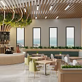Cozy Cafe Interior Design With Wooden Ceiling Green Plants Large Windows And Light Chairs