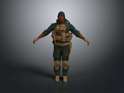 Game And Movie Military Character Standing In Green Uniform With Tactical Vest And Knee Pads 3d model