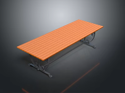 Stylish Long Table With Orange Wooden Slatted Top And Black Metal Legs 3d model