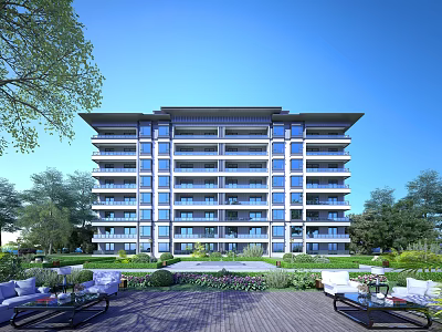 Modern Multi Story Residential Building With Balconies Green Landscaping And Outdoor Lounge Area 3d model