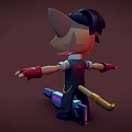 Cartoon Style Cat Game Character Wearing Vest Tie Red Gloves Arms Outstretched Holding Blue Tool