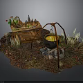 Outdoor Cooking Scene With Hanging Cauldron Wooden Table Bottles Flowers And Grass