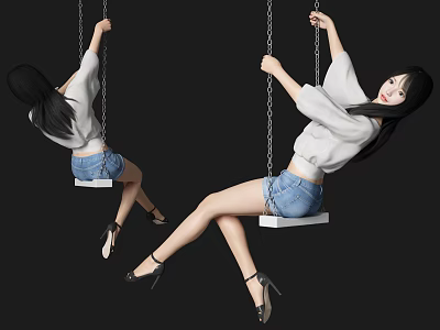 Woman Swinging on Swing in White Top Denim Shorts and Black High Heels 3d model
