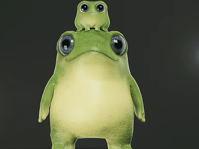 Cute Green Reptile With Big Eyes And Small Reptile Sitting On Its Back 3d model