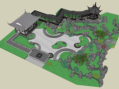 Traditional Chinese Garden Landscape Design With Pagoda Pavilion Stone Rockery And Winding Pathway 3d model