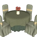 Dining Table Set With Green Tablecloth White Vase Red Flowers And Gray Chairs Gold Bows