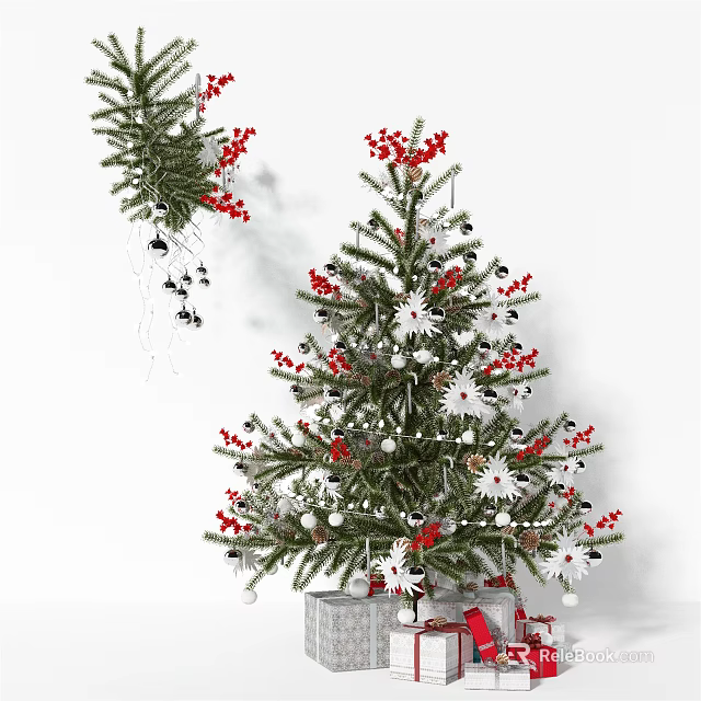 Elegant Christmas Tree Decorated With Red Berries White Snowflakes And Ornaments 3d model 