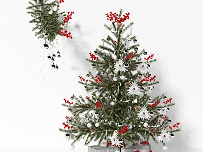 Elegant Christmas Tree Decorated With Red Berries White Snowflakes And Ornaments 3d model