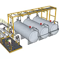 Industrial Equipment Featuring Yellow Metal Framework Large Storage Tanks And Piping