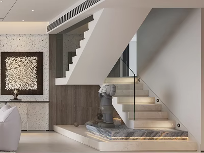 Modern Staircase With Glass Railing Lit Steps Decorative Statue Marble Base And Textured Wall Interior 3d model