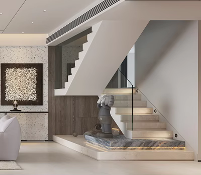 Modern Staircase With Glass Railing Lit Steps Decorative Statue Marble Base And Textured Wall Interior 3d model