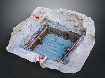 Ancient Archaeological Excavation Site With Square Wooden Structure And Pottery Fragments 3d model