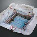 Ancient Archaeological Excavation Site With Square Wooden Structure And Pottery Fragments