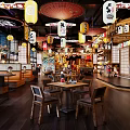 Japanese Restaurant Interior With Red White Lanterns Wooden Tables Chairs Bar Screens Drum Decor