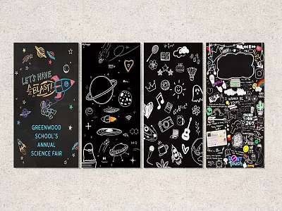 Hand Drawn School Science Fair Posters With Rocket Planets And Musical Notes 3d model