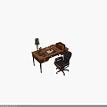Classic Wooden Office Desk With Table Lamp Photo Frame Glasses And Leather Rolling Chair